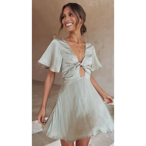 Billy J Dresses & Skirts - BILLY J olive green satin short sleeve tie front mini dress M/10